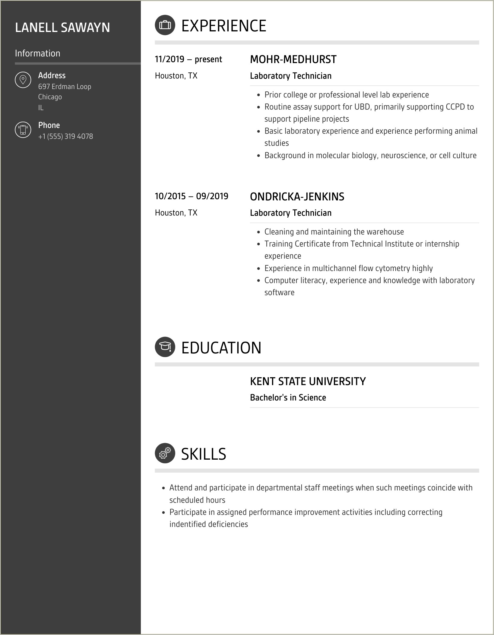 Lab Technician Skills Resume For Drug Metabolism