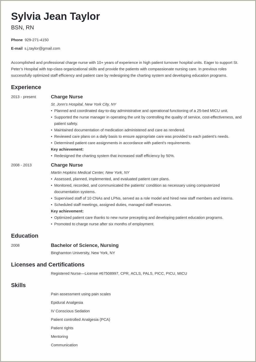 Labor And Delivery Charge Nurse Resume Sample