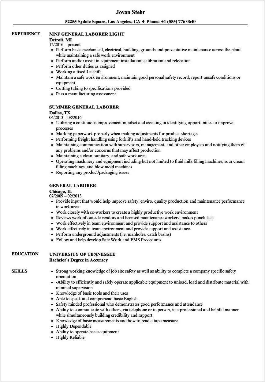 Laborer Skills And Qualifications For Resume