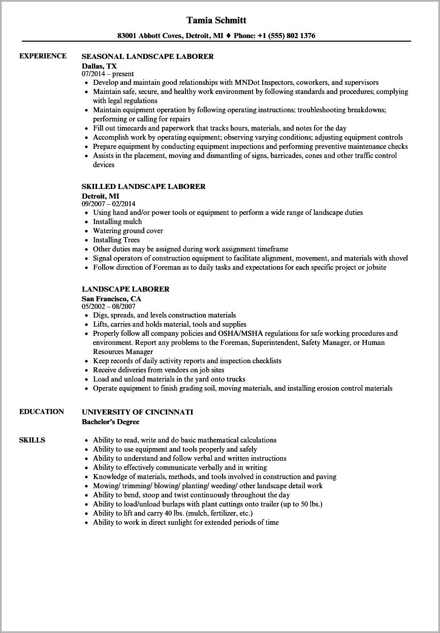 Landscape Construction Laborer Job Description For Resume