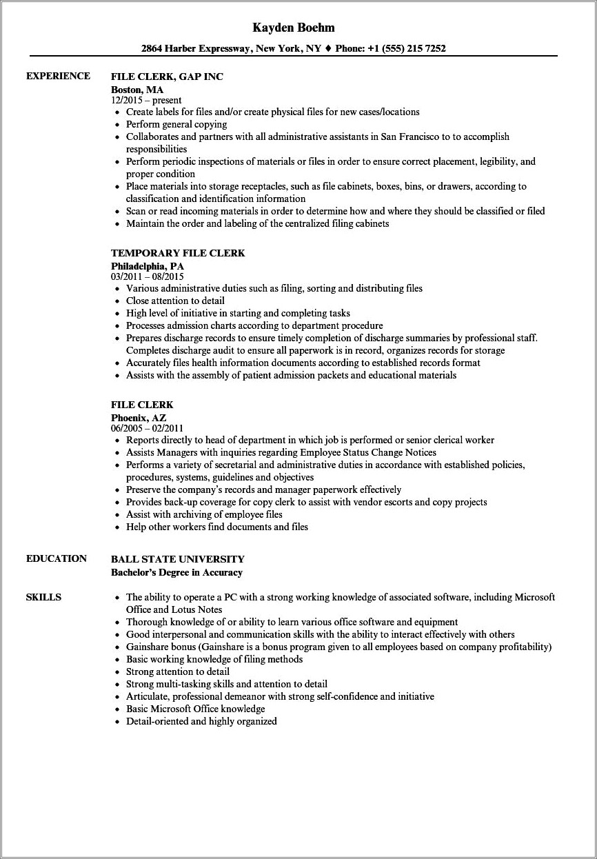 Law Firm File Clerk Resume Examples