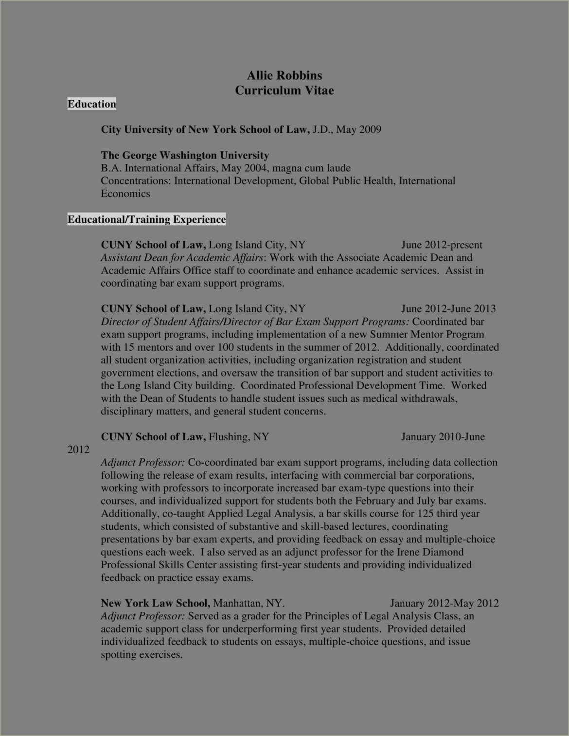 Law School Dean's List Resume