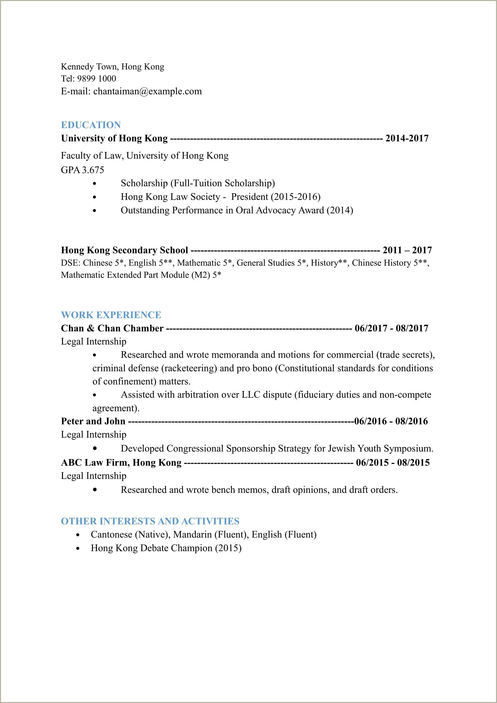 Law School Resume Skills And Itnerests