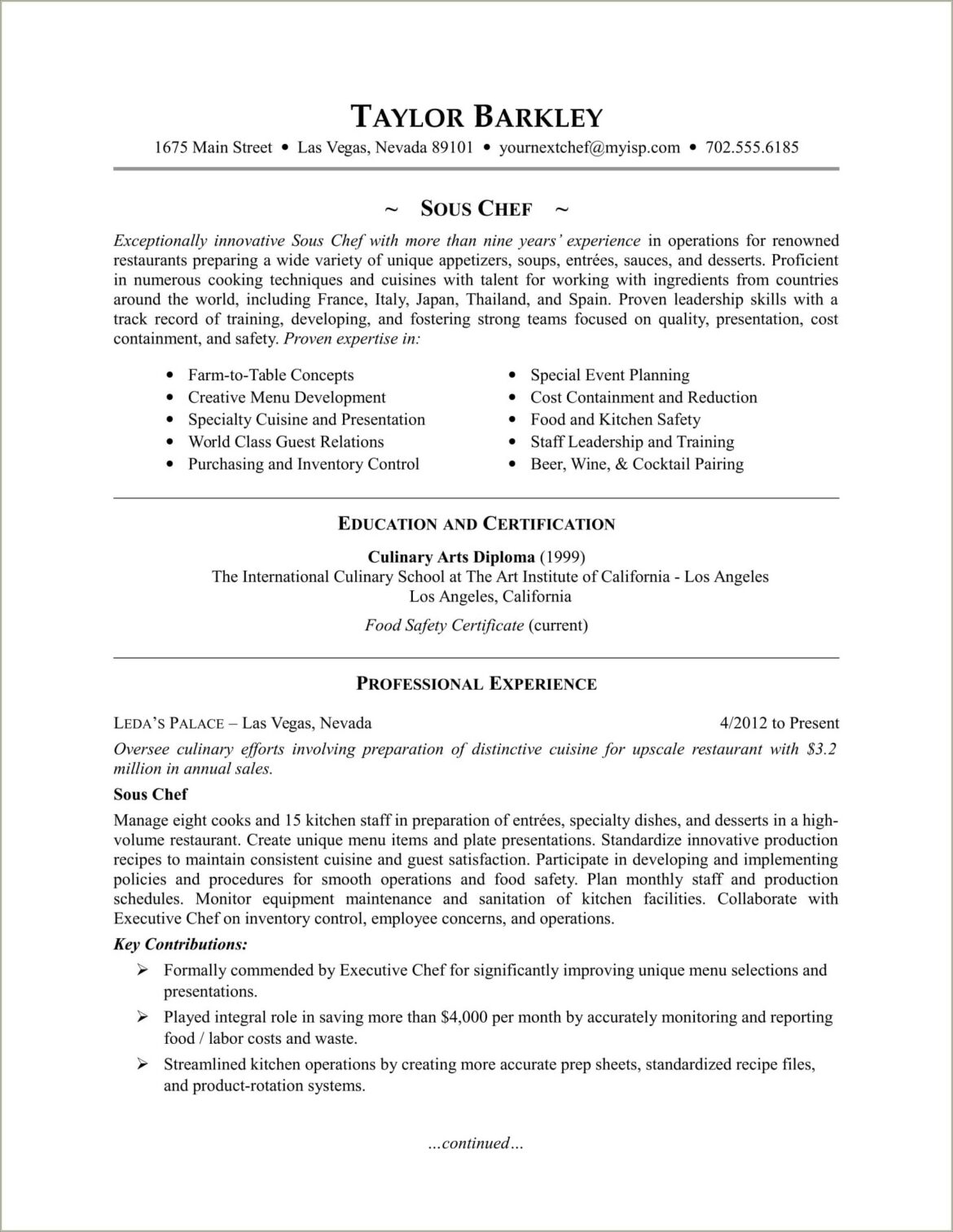 Lead Cook Job Description For Resume