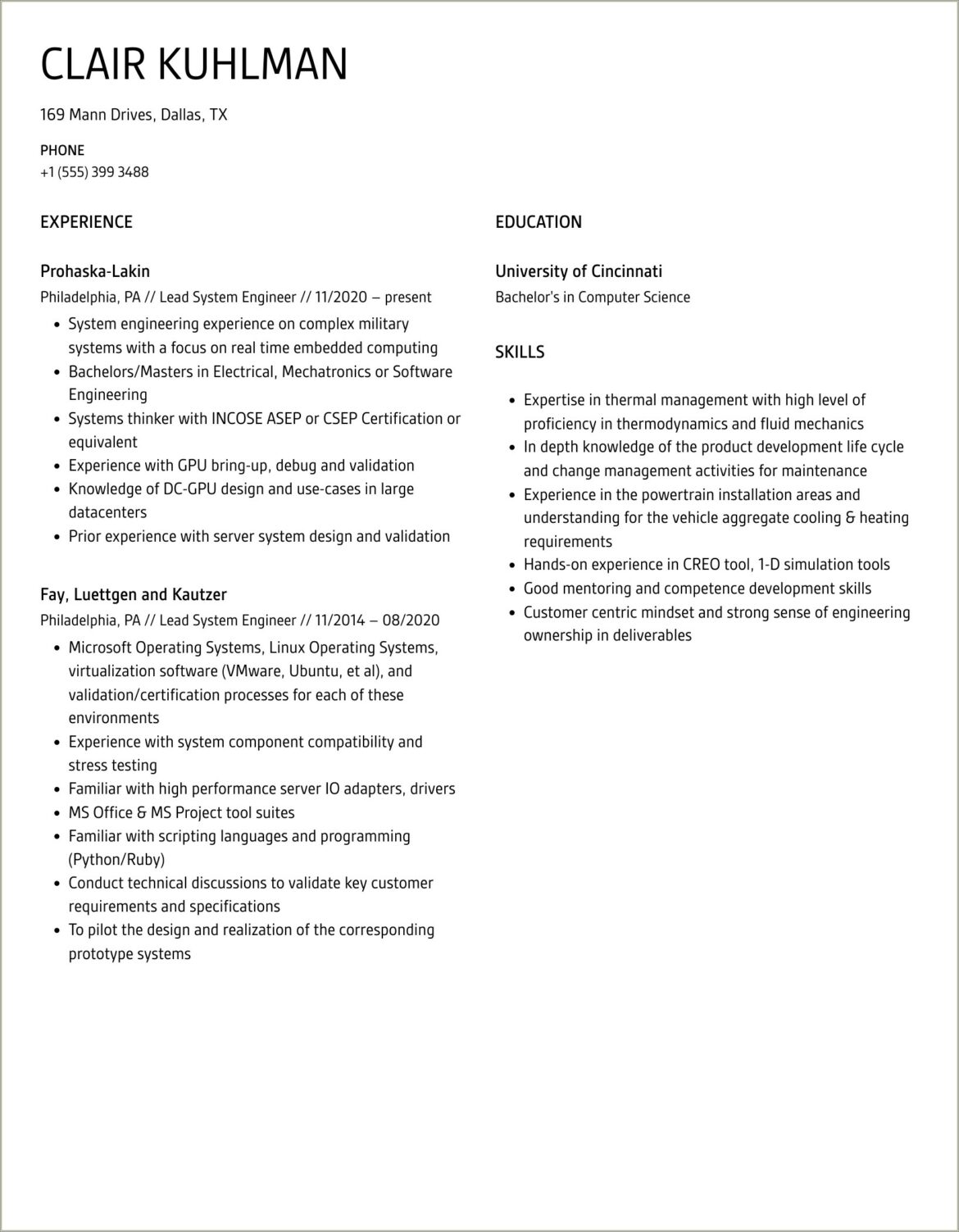 Lead Engineer Resume Sample Mentor Debug