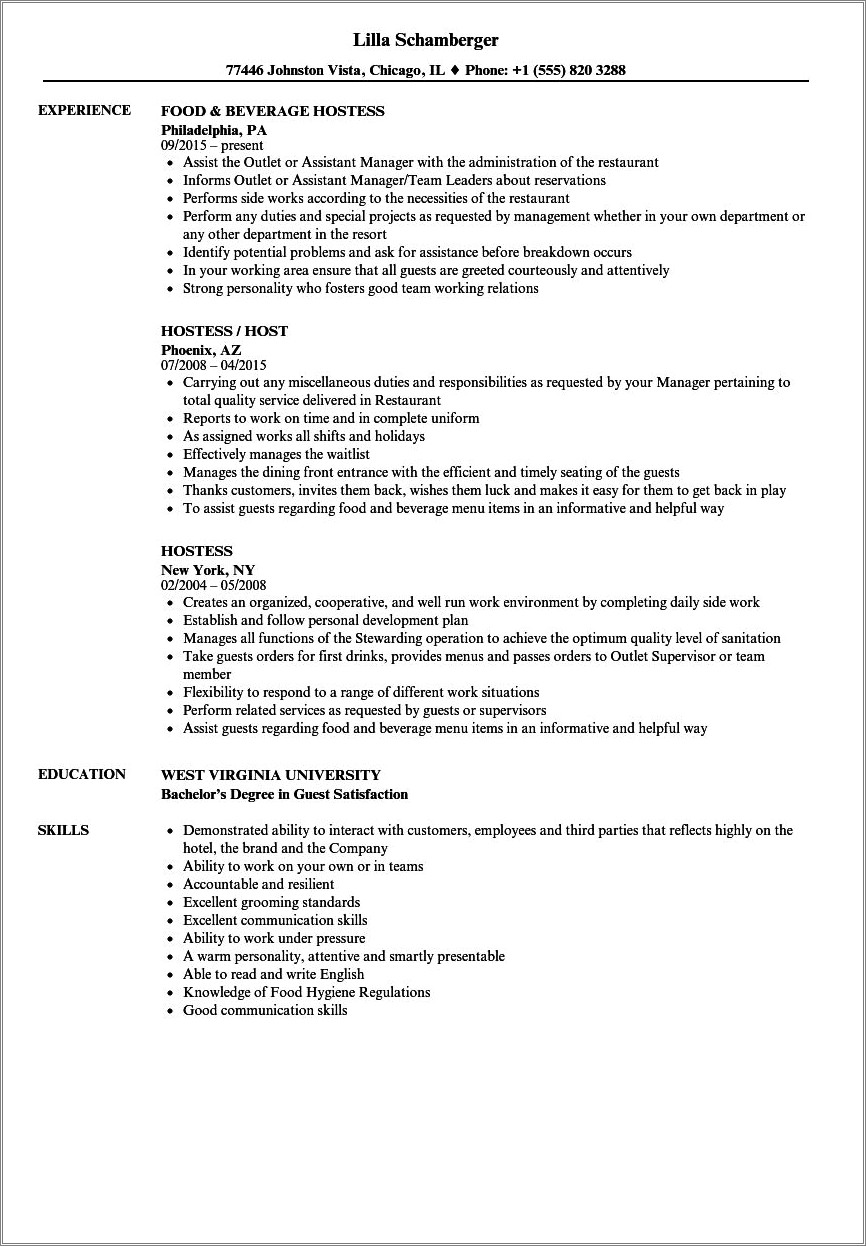 Lead Hostess Job Description For Resume