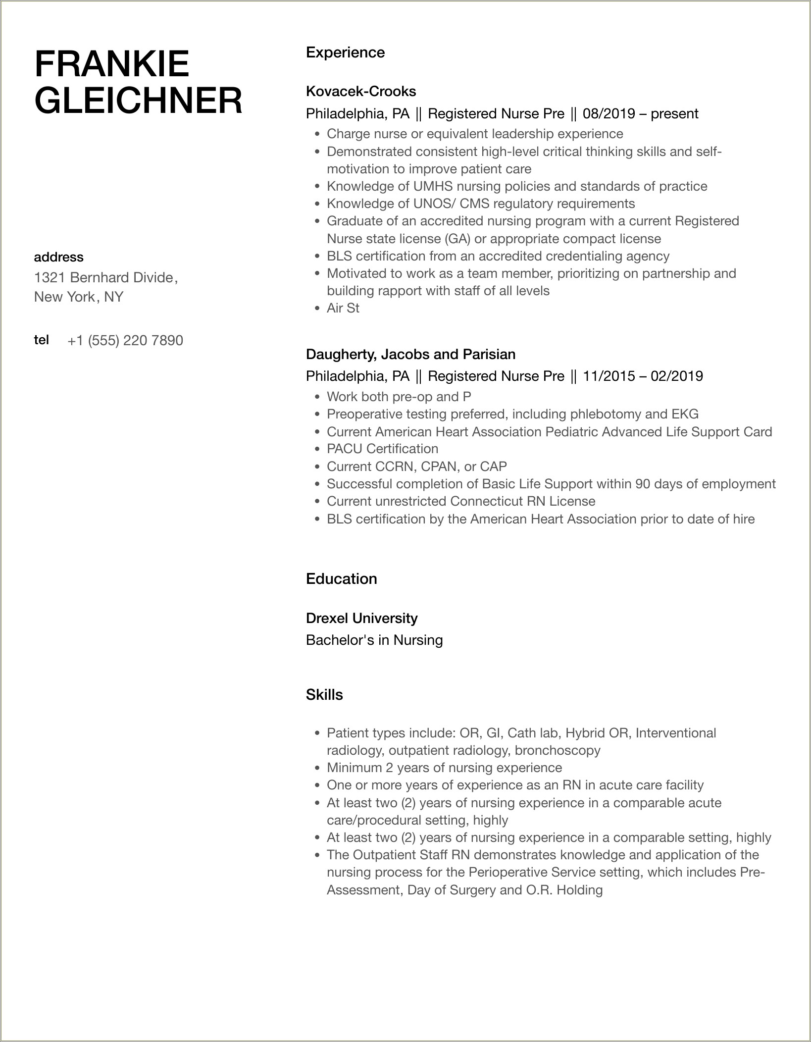 Lead Rn Pre Admission Testing Example Resume