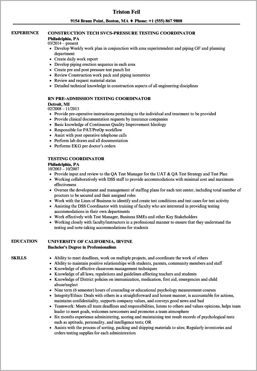 Lead Rn Pre Admission Testing Sample Resume