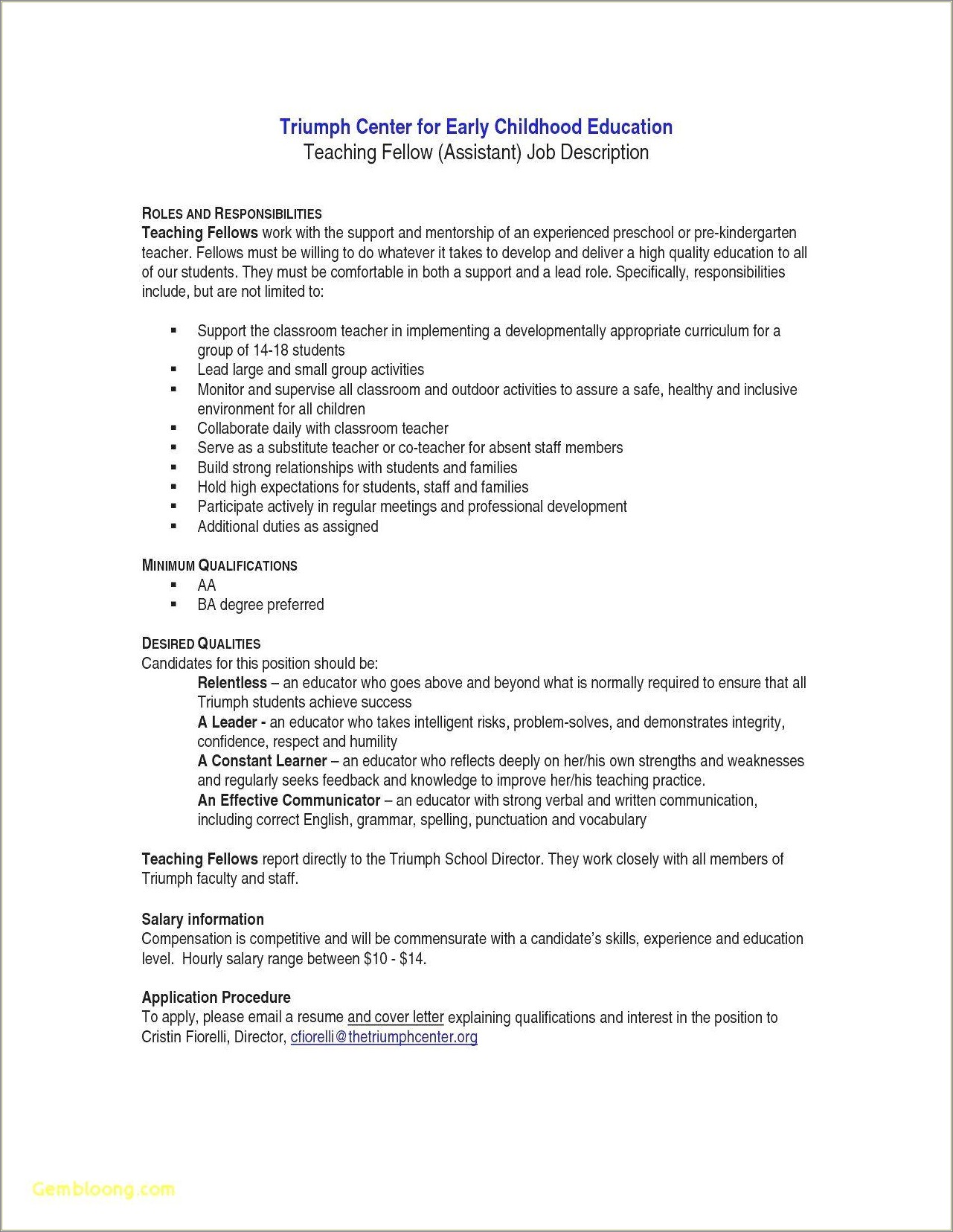 Lead Teacher Job Description At A Daycare Resume