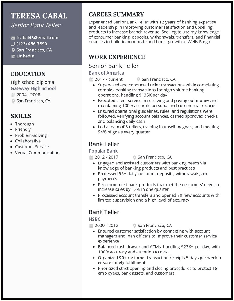 Lead Teller Job Description For Resume