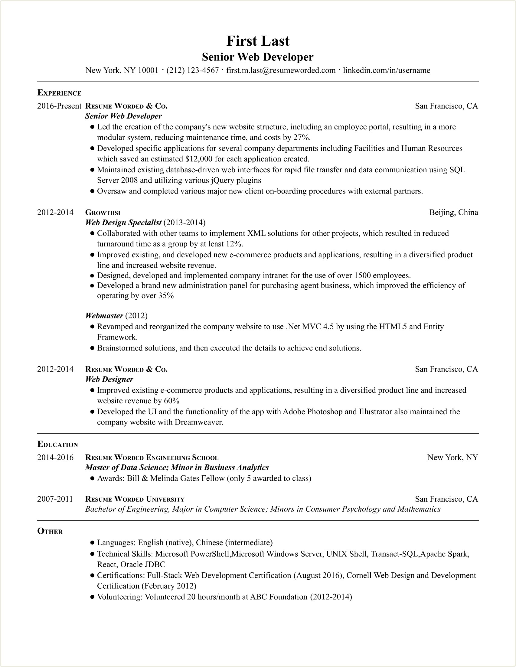 Leadership Quality Resume For Developer With Experience