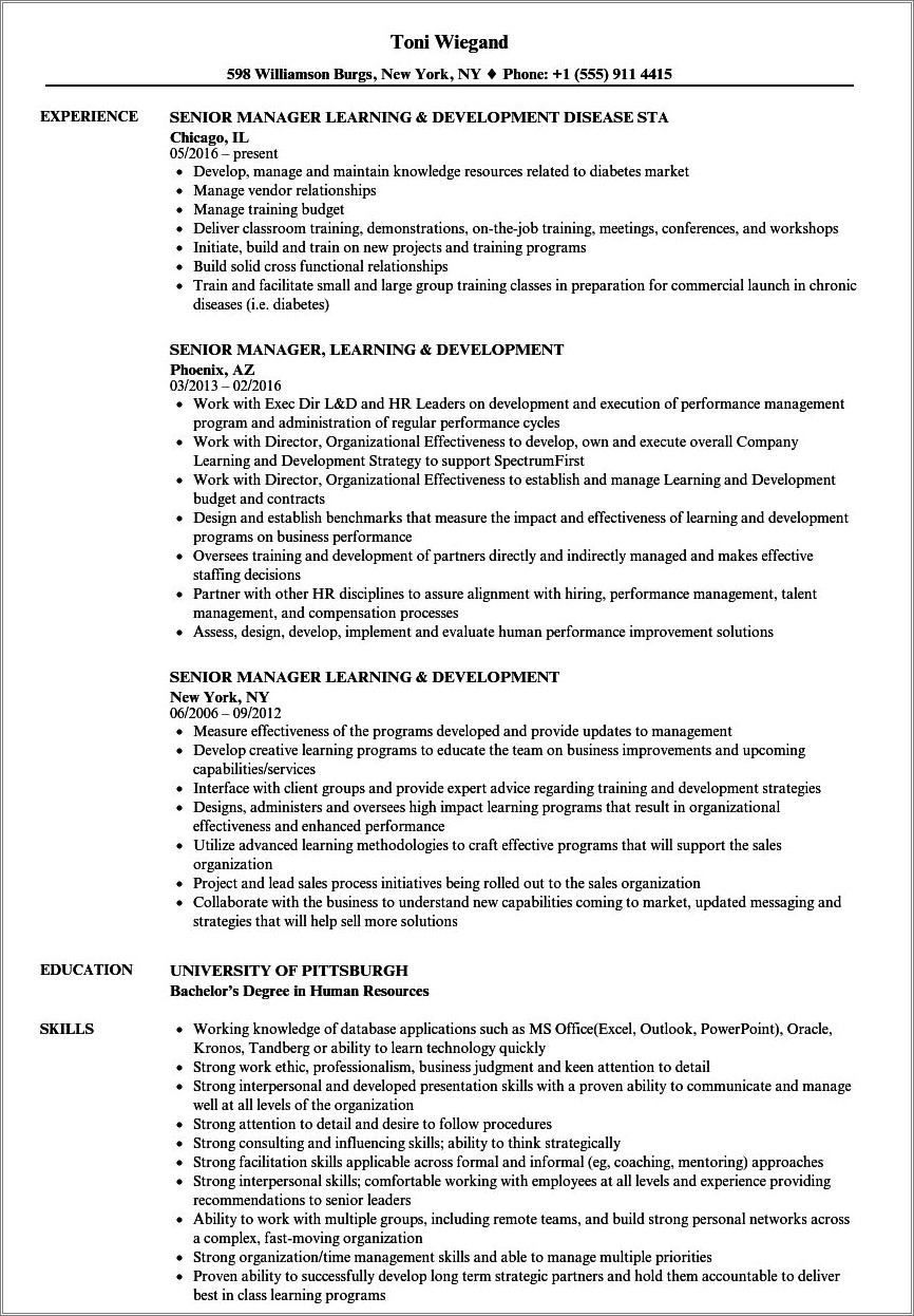 Learning And Development Manager Resume Sample