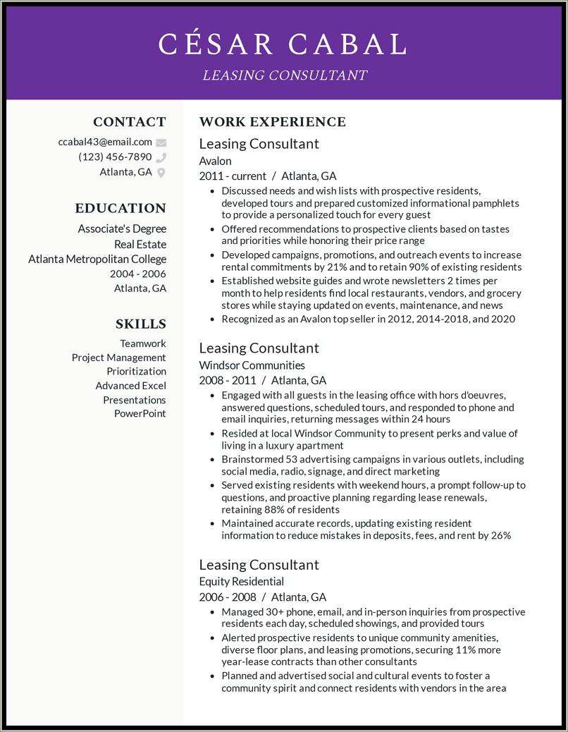 Leasing Consultant Job Description For Resume