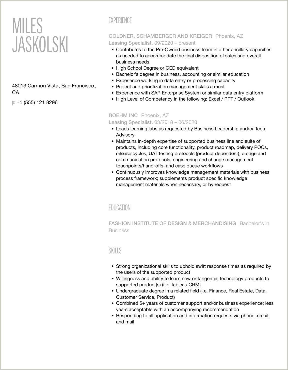 Leasing Specialist Job Description For Resume