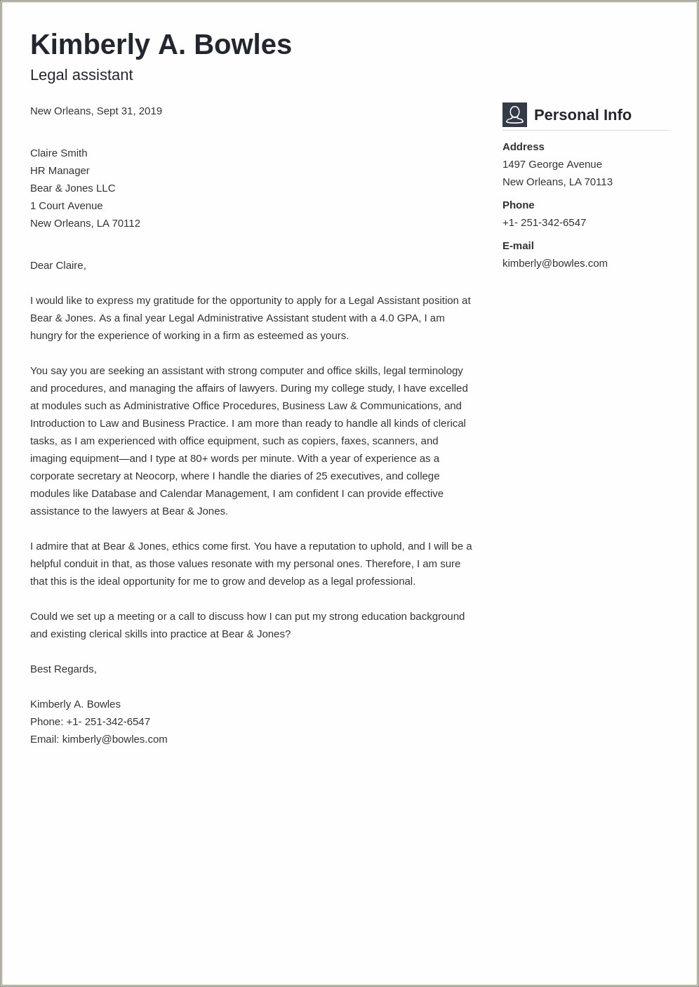 Legal Assistant Cover Letter For Resume