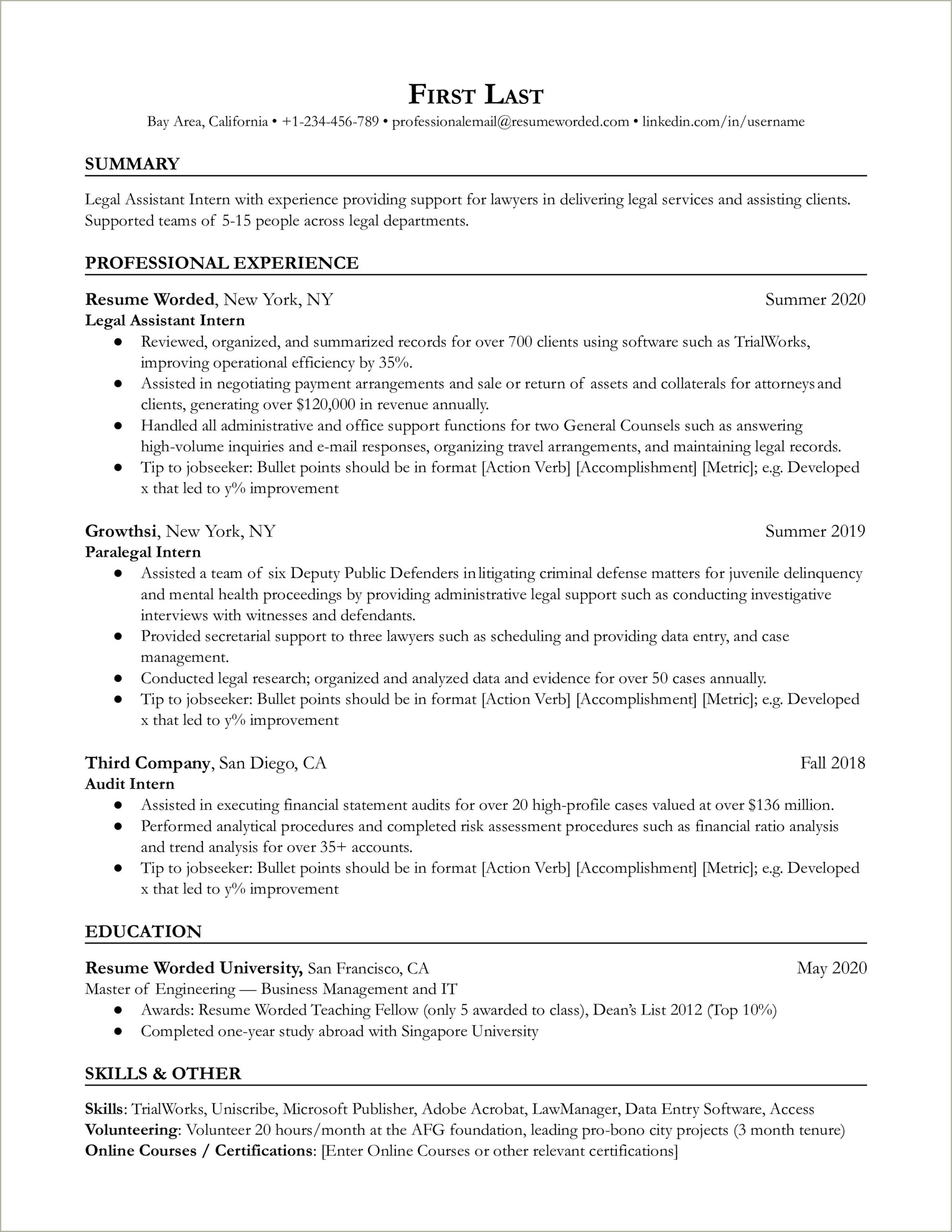 Legal Assistant Intern Job Description For Resume