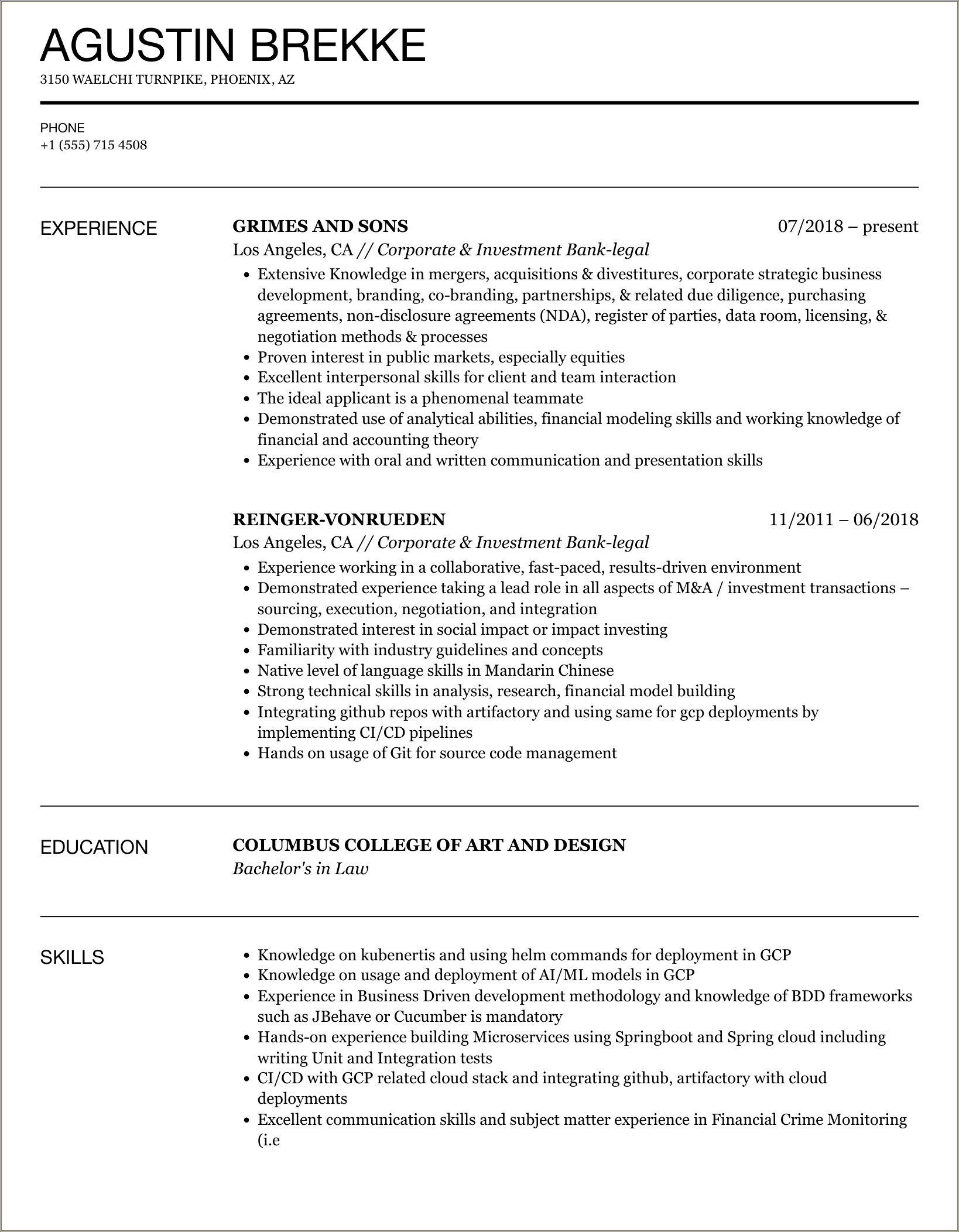 Legal Resume Sample In House Counsel