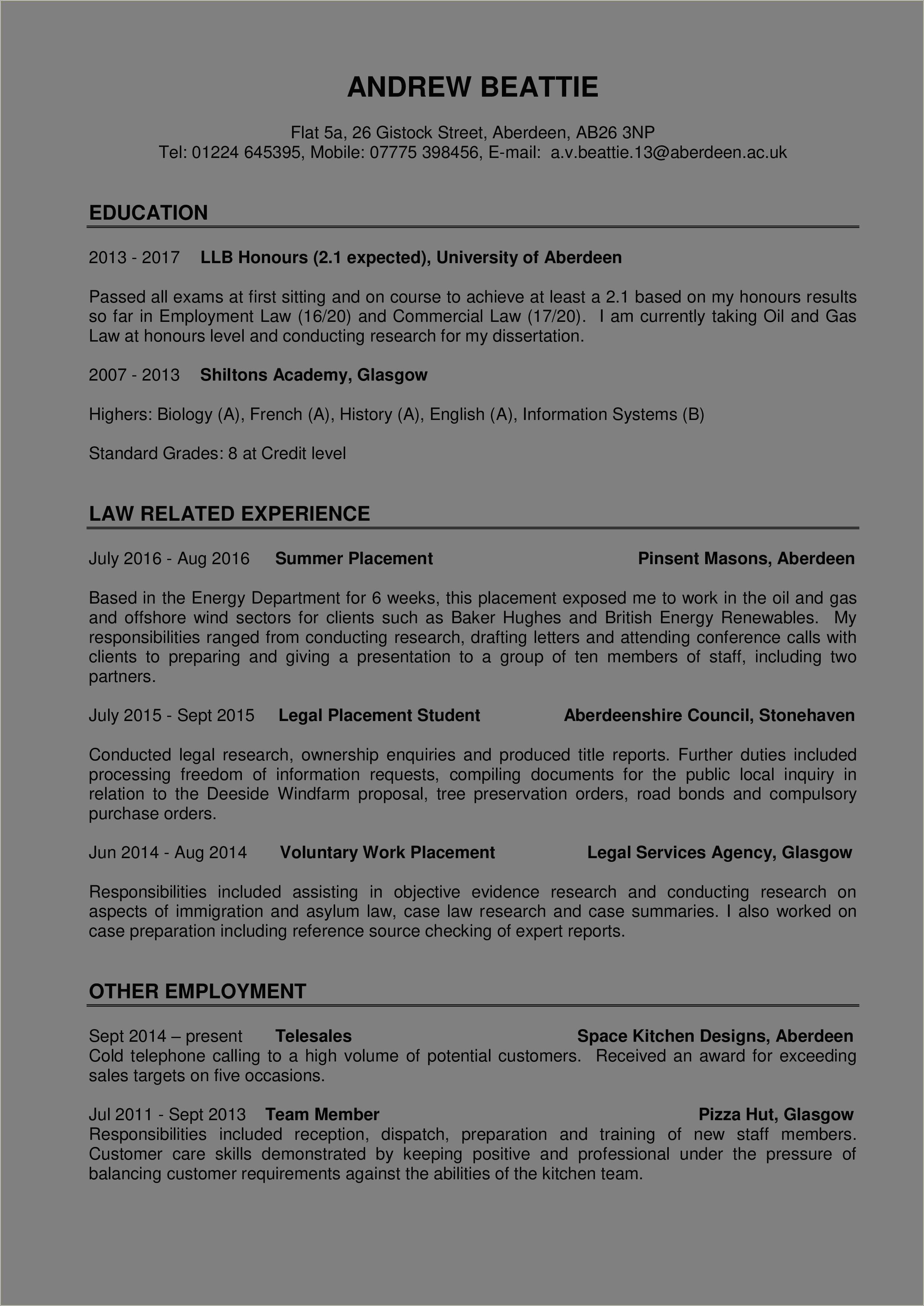 Legal Resume Samples For Law Students