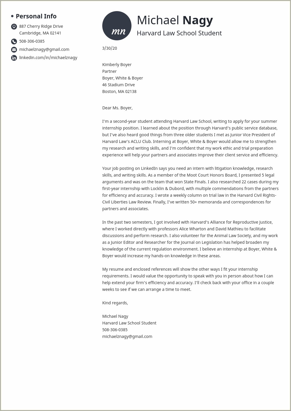 Legal Summer Associate Cover Letter For Resume