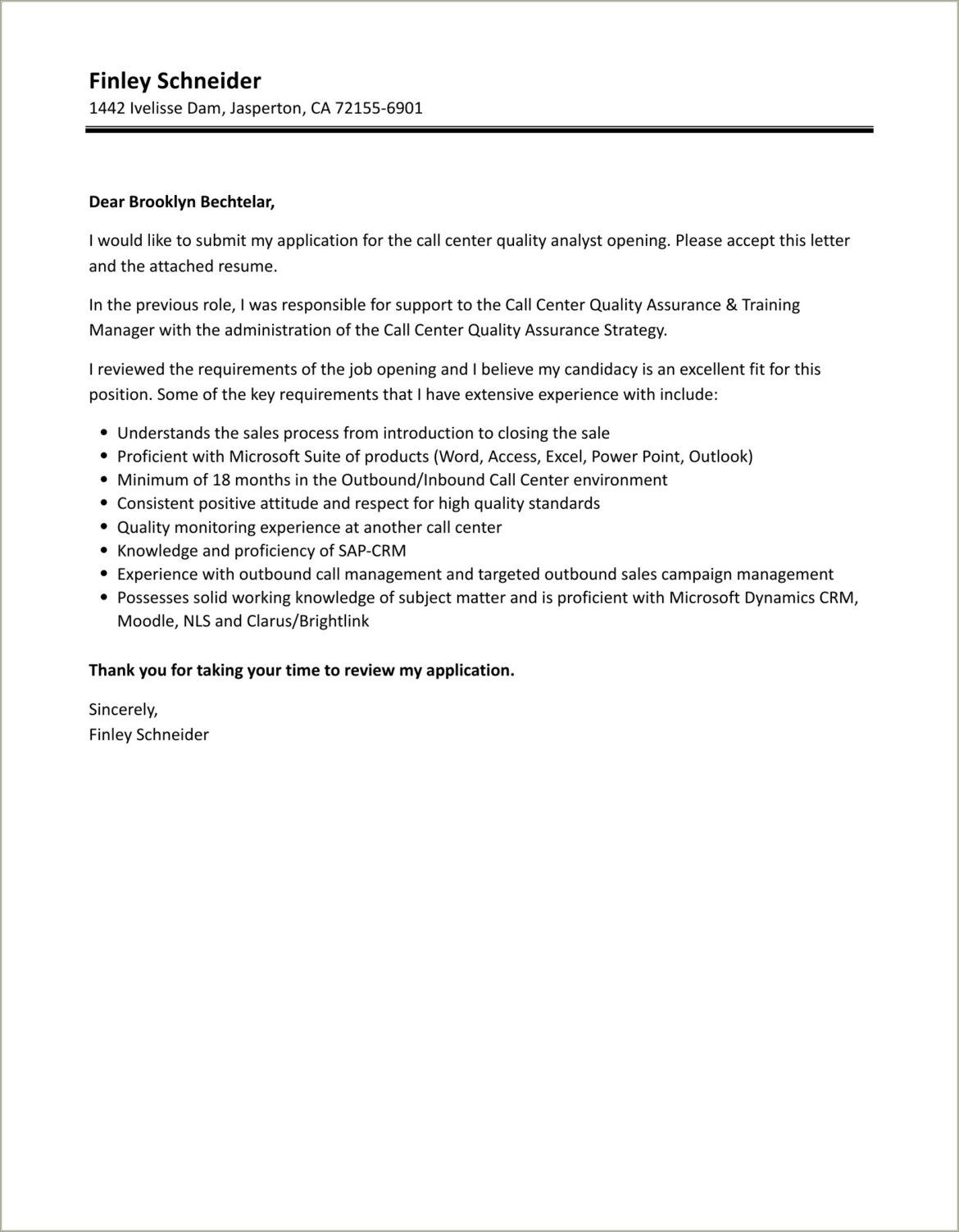 Letter Resume Examples For Call Centers