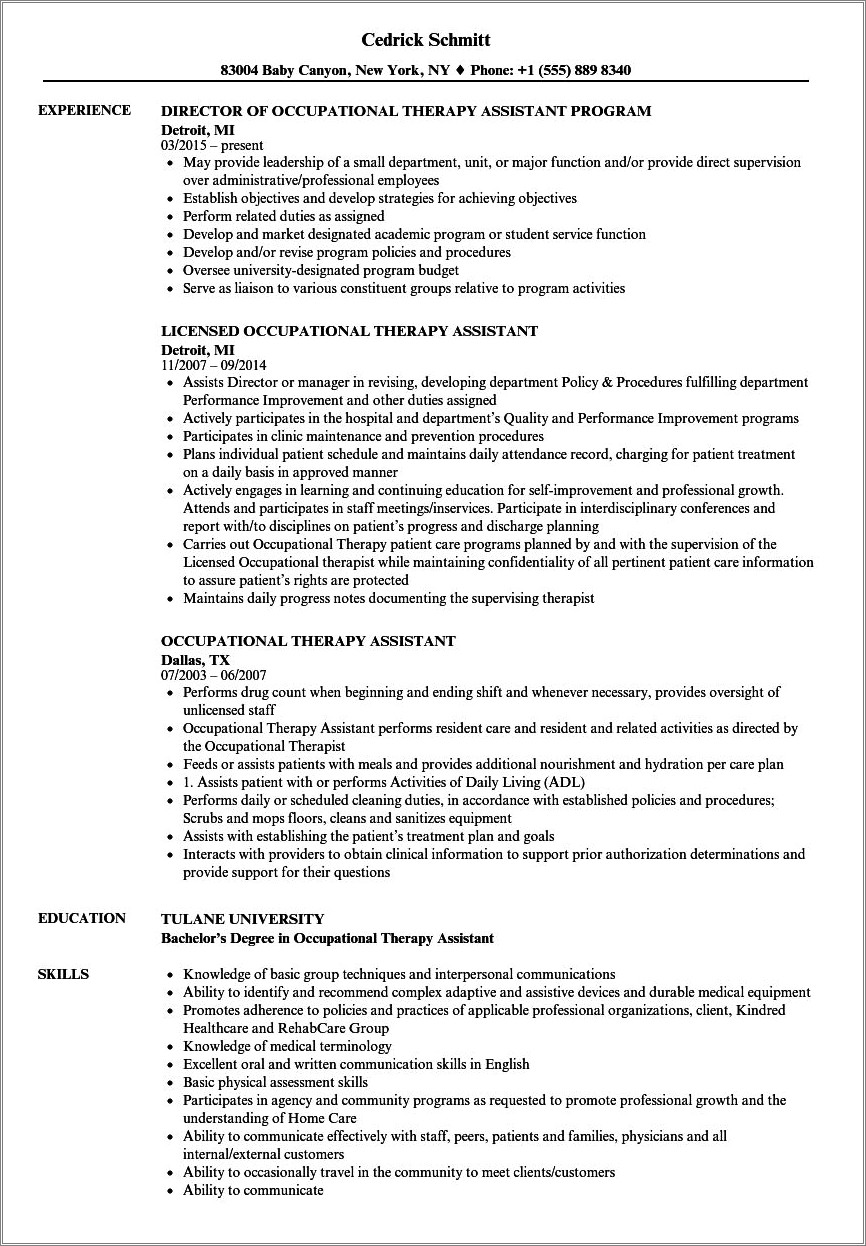 Level Two Fieldwork Resume Occupational Therapy Examples