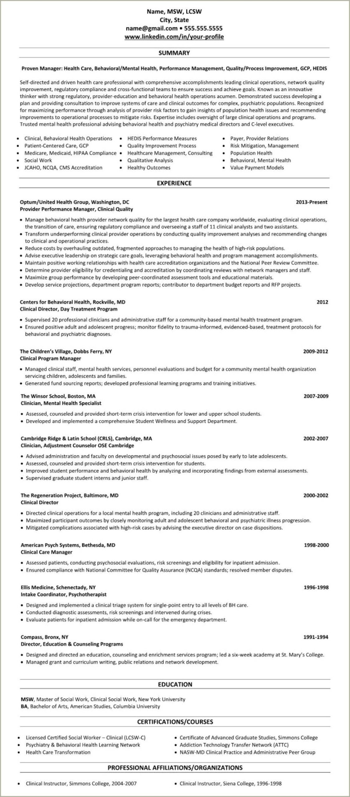 Licensed Clinical Social Worker Resume Example