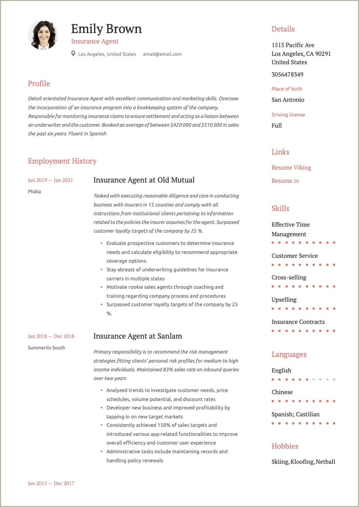 Licensed Insurance Agent Resume With Experience