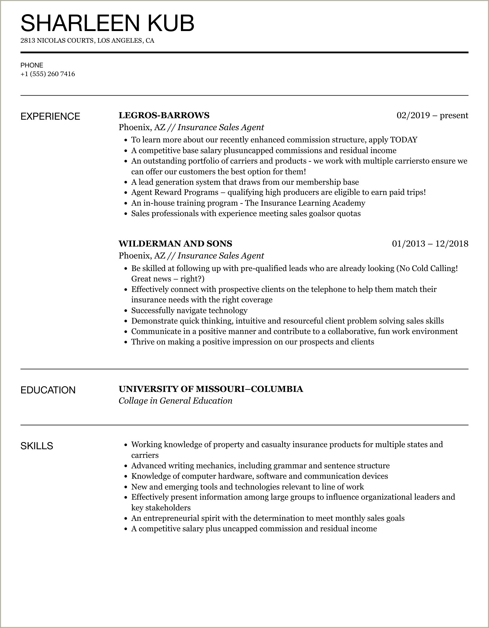 Licensed Property Insurance Agent Job Description For Resume