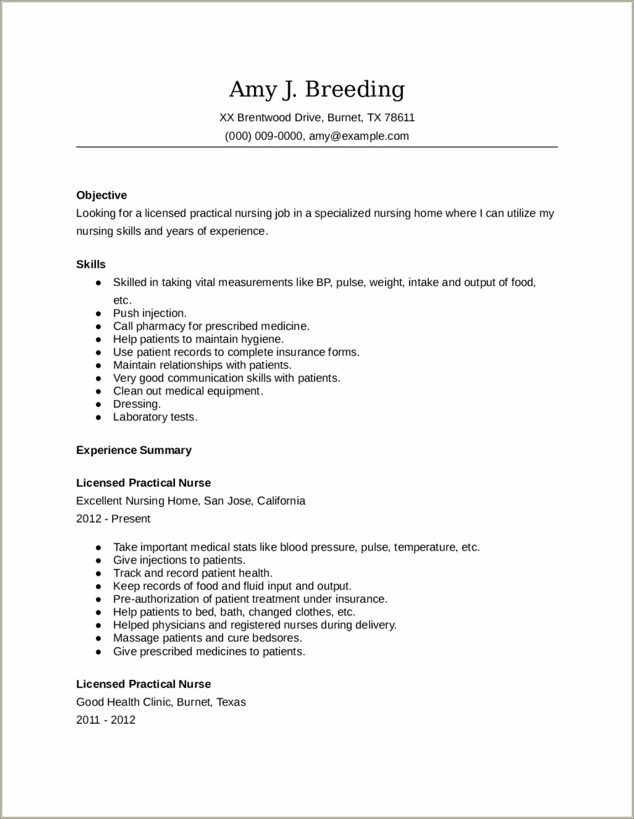 Licensed Vocational Nurse Resume Objective Samples