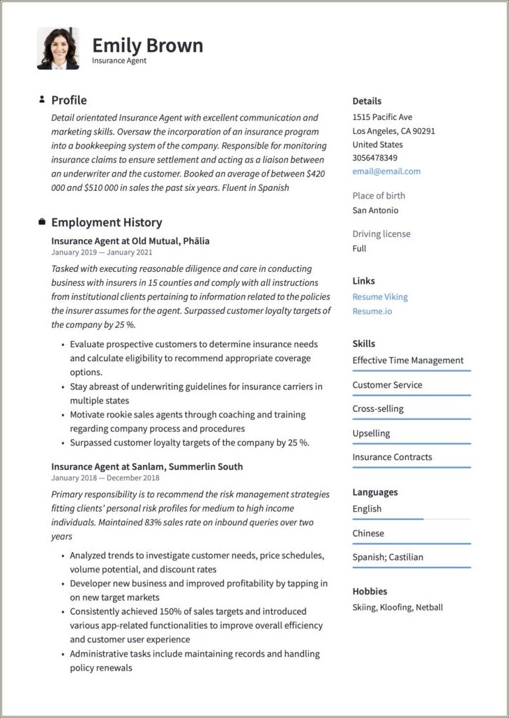 Life And Health Insurance Agent Resume Sample 2019