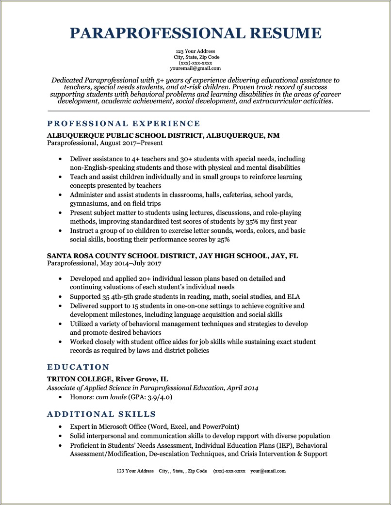 Life Skills Paraprofessional Resume With Cbi Experience