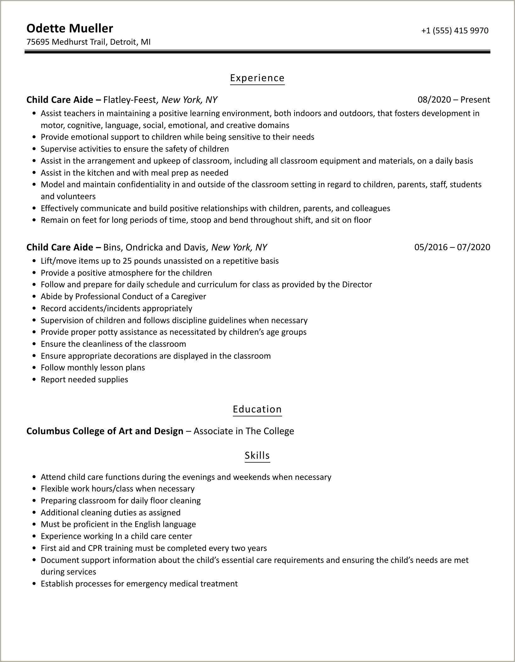 Lincoln Center Adult Day Care Aide Resume Example