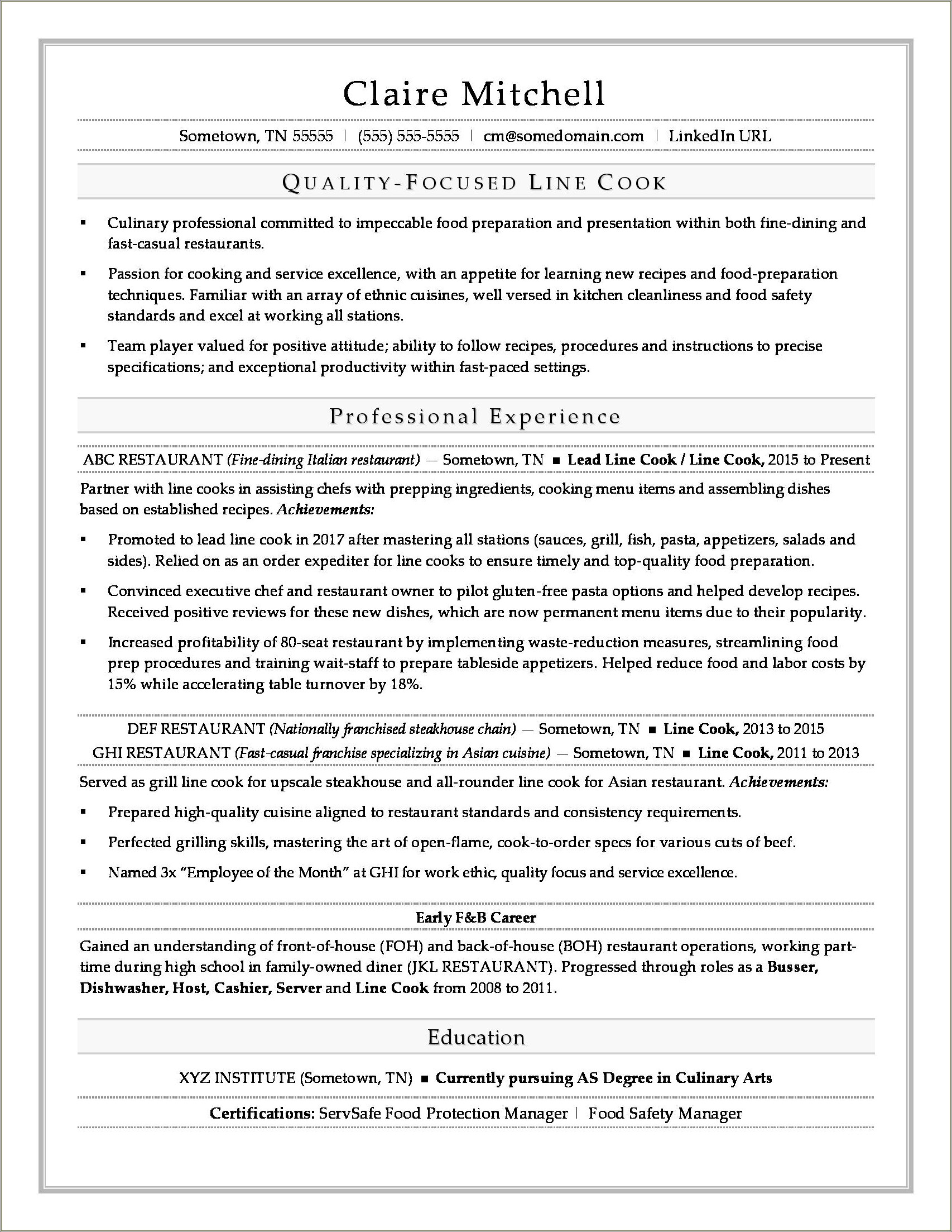 Line Cook Resume Objectives Resume Sample Livecareerlivecareer