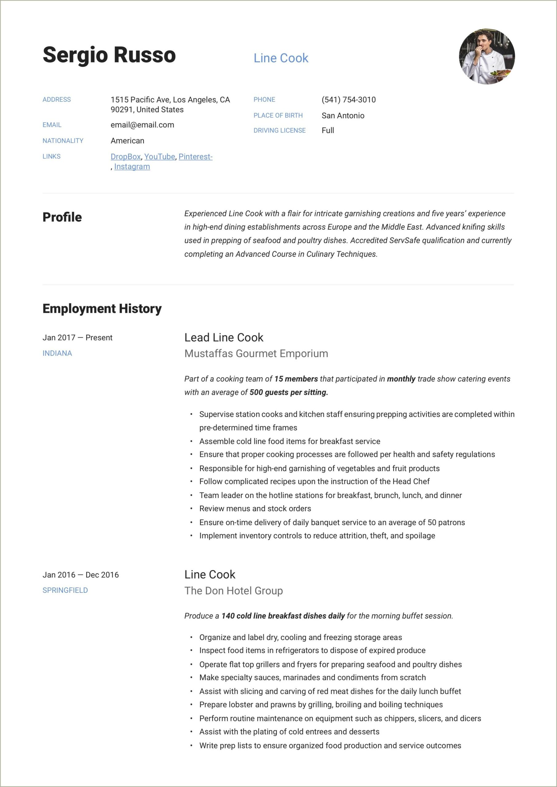 Line Cook To Customer Service Job Description Resume