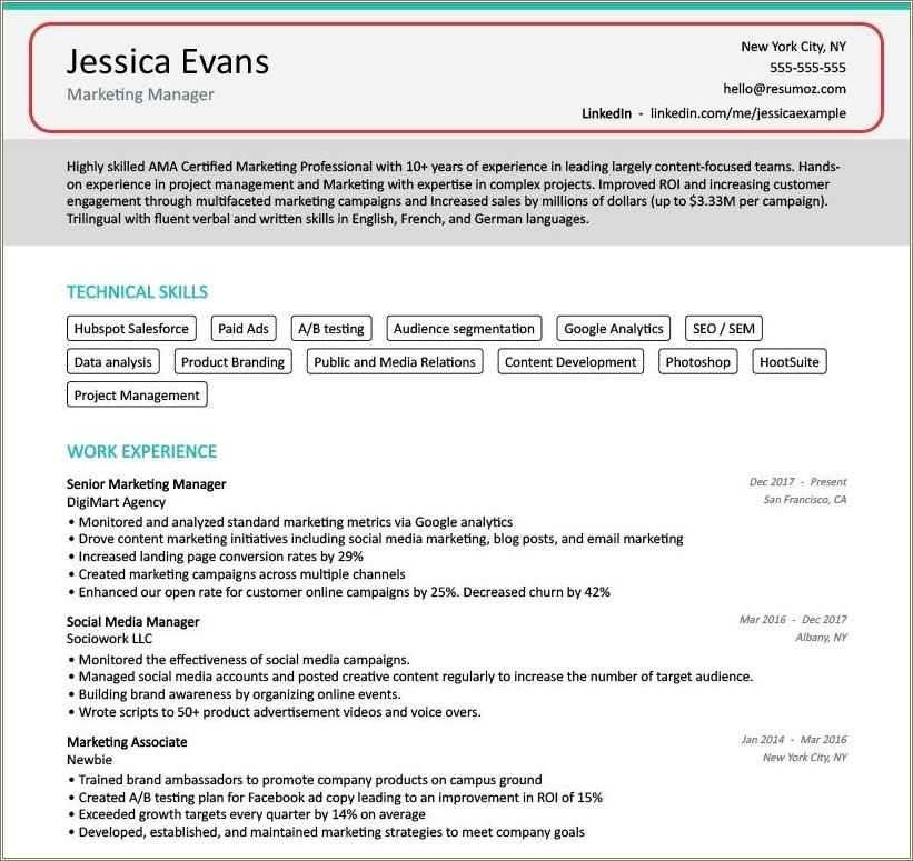 Linked In On Resume Header Example