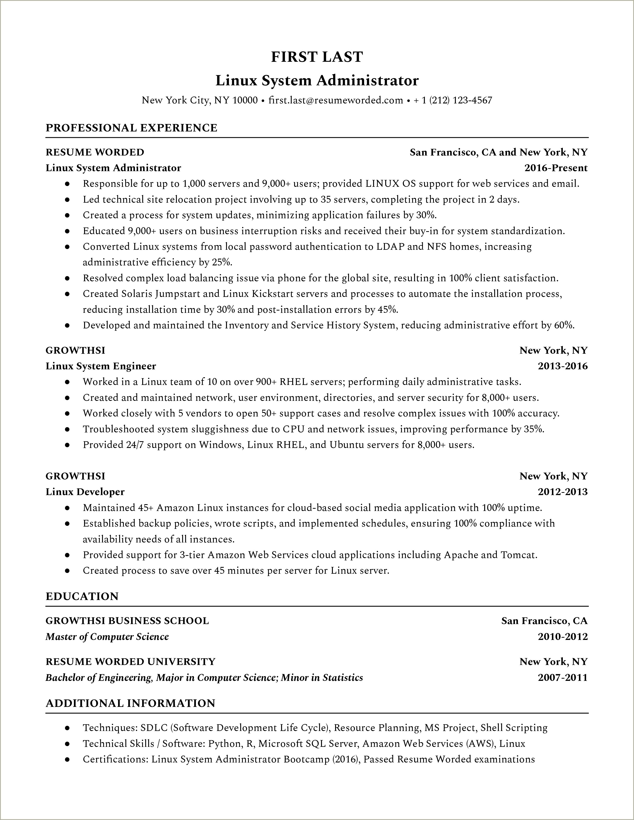 Linux Admin Resume Sample For Freshers