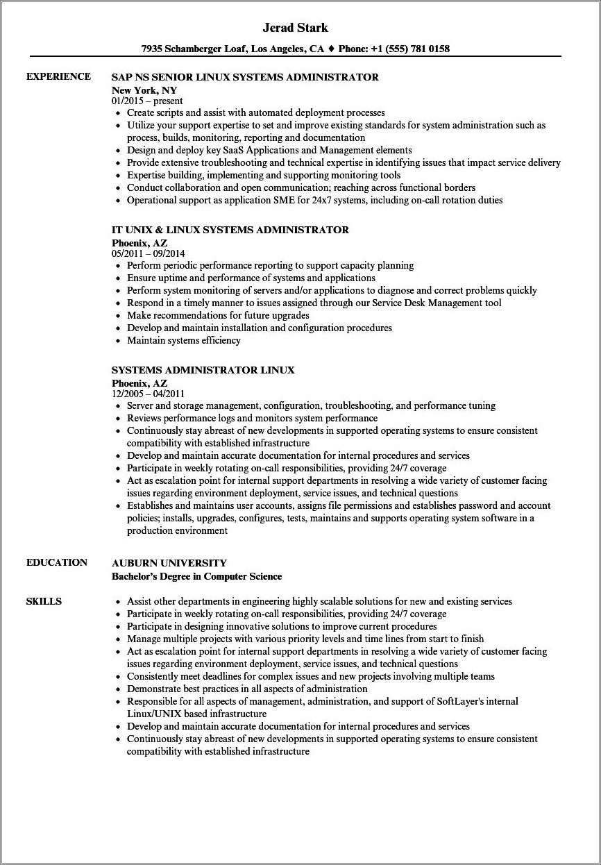 Linux Admin Sample Resume Disaster Recovery