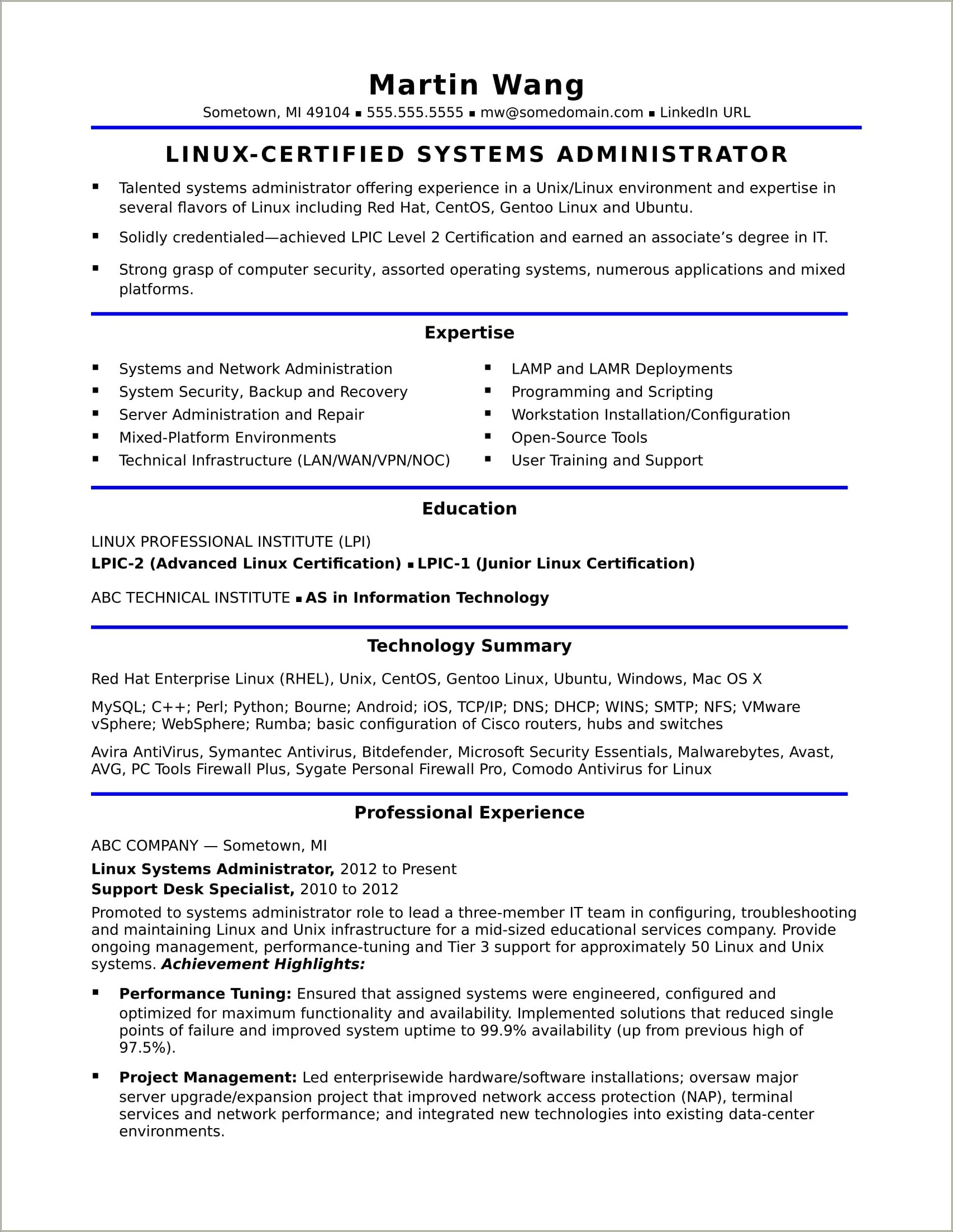 Linux Administrator Resume 2 Year Experience