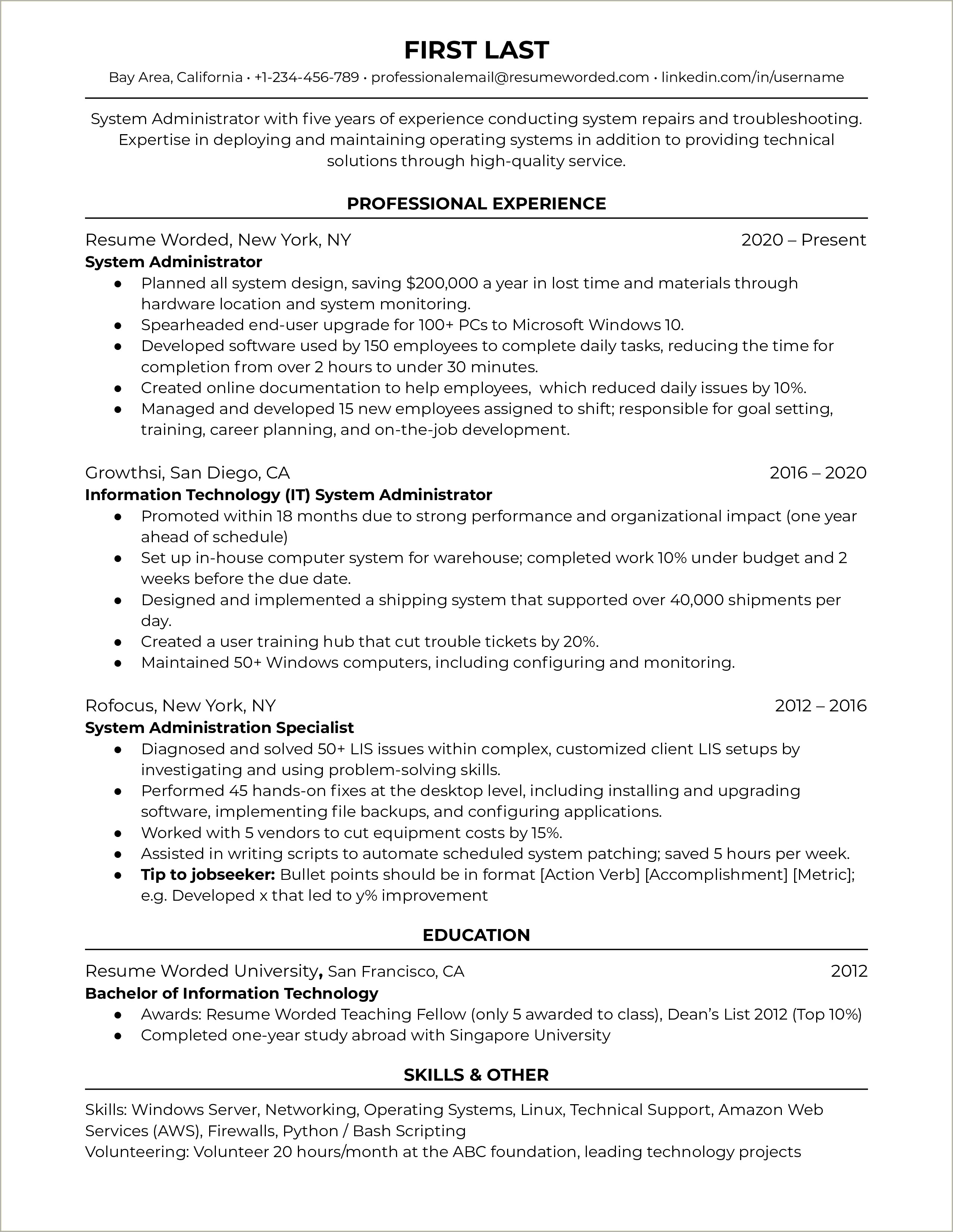 Linux Administrator Resume Sample For Experience