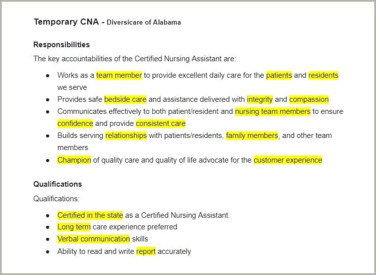 Lisenced Nursing Assistant Resume Job Description