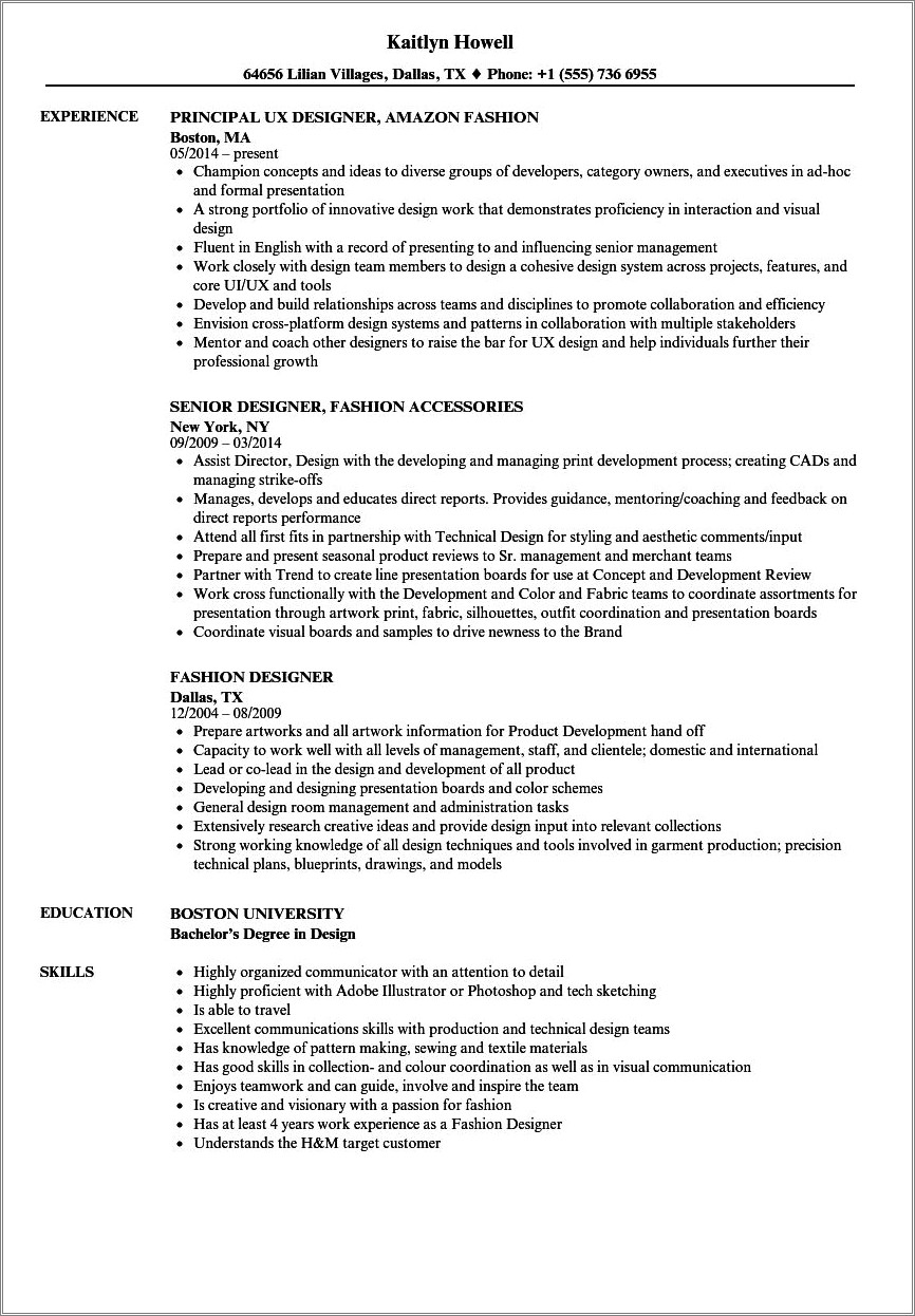 List Of Fashion Expertise Resume Examples