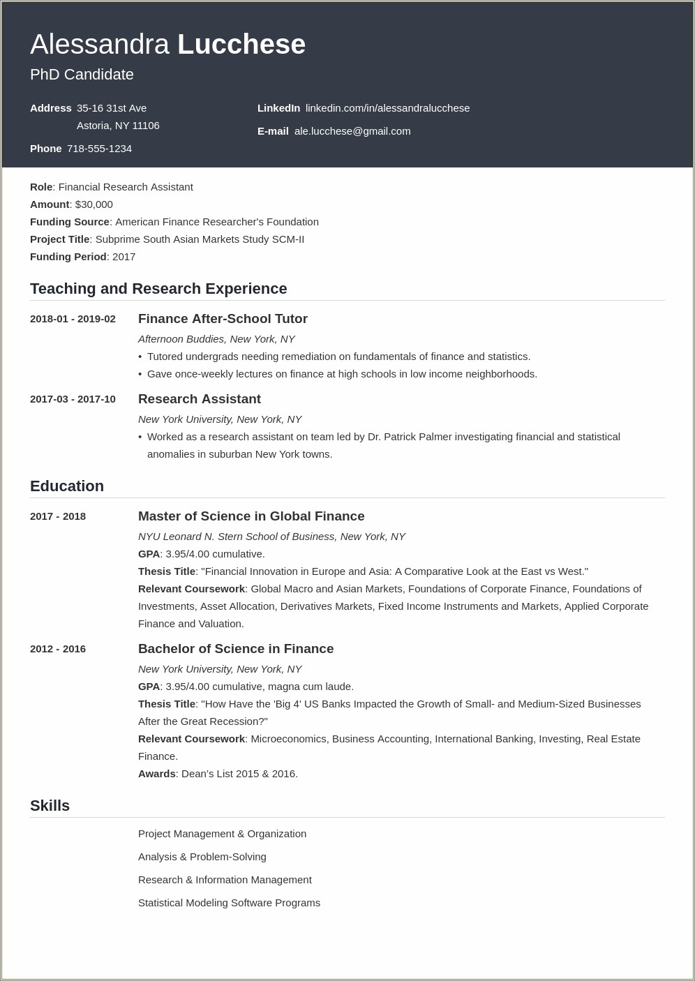 List Of Items For Resume For Graduate School