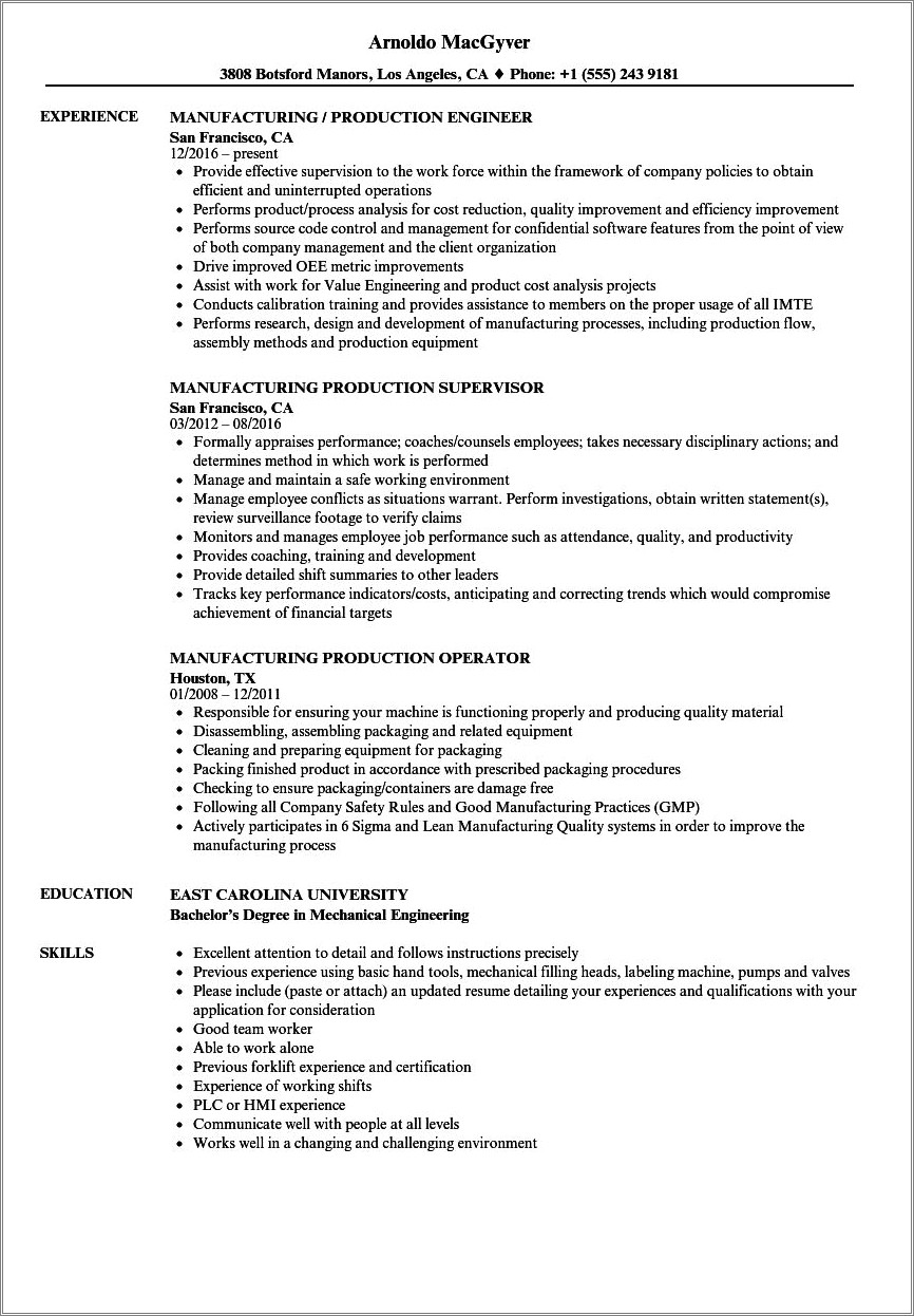 List Of Skills And Qualifications For Manufacturing Resume