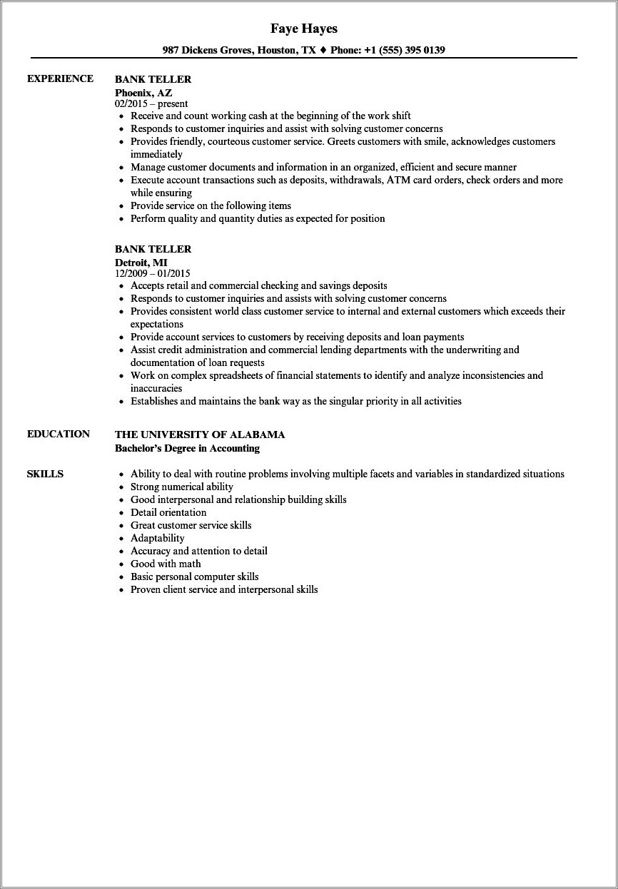 List Of Skills For Head Teller On Resume