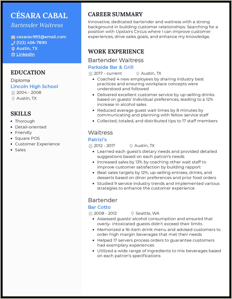 List Of Skills For Waitress Resume