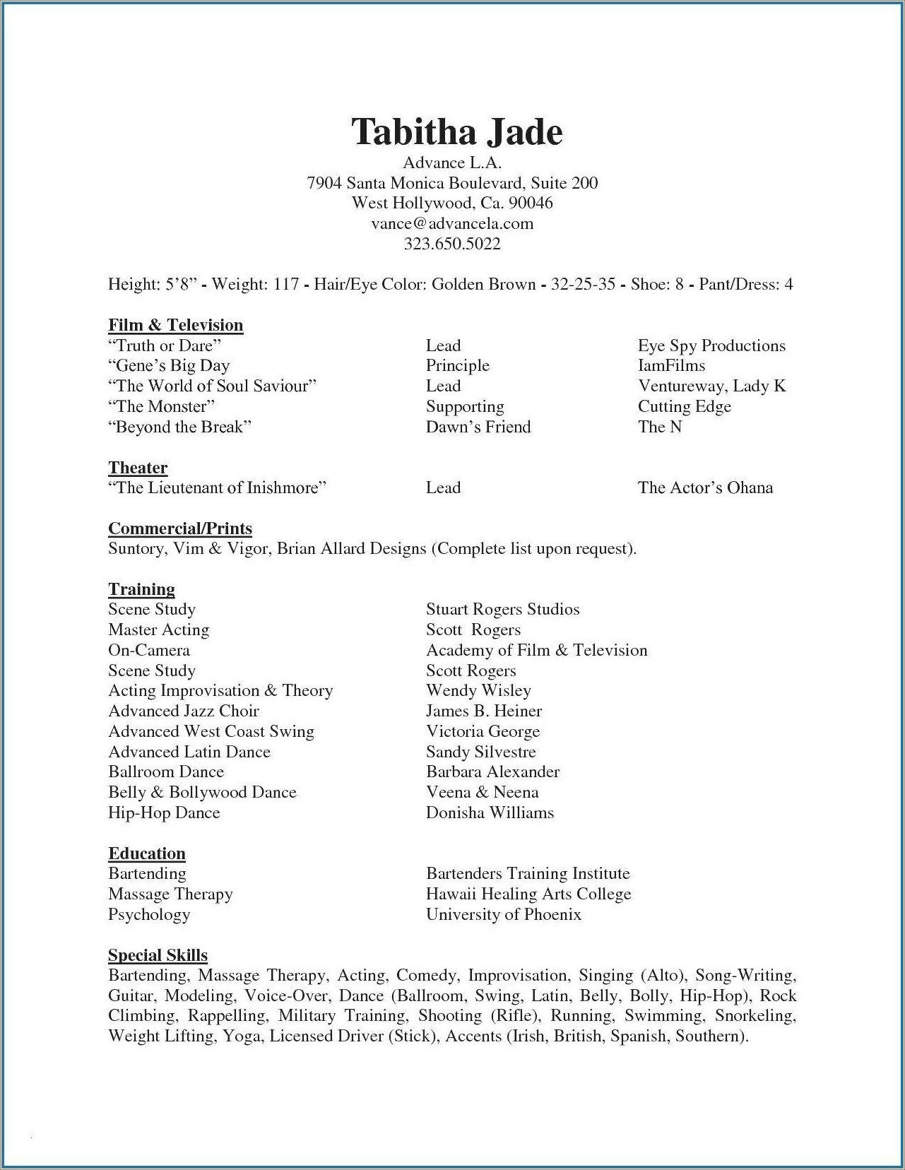 List Of Special Skills Acting Resume