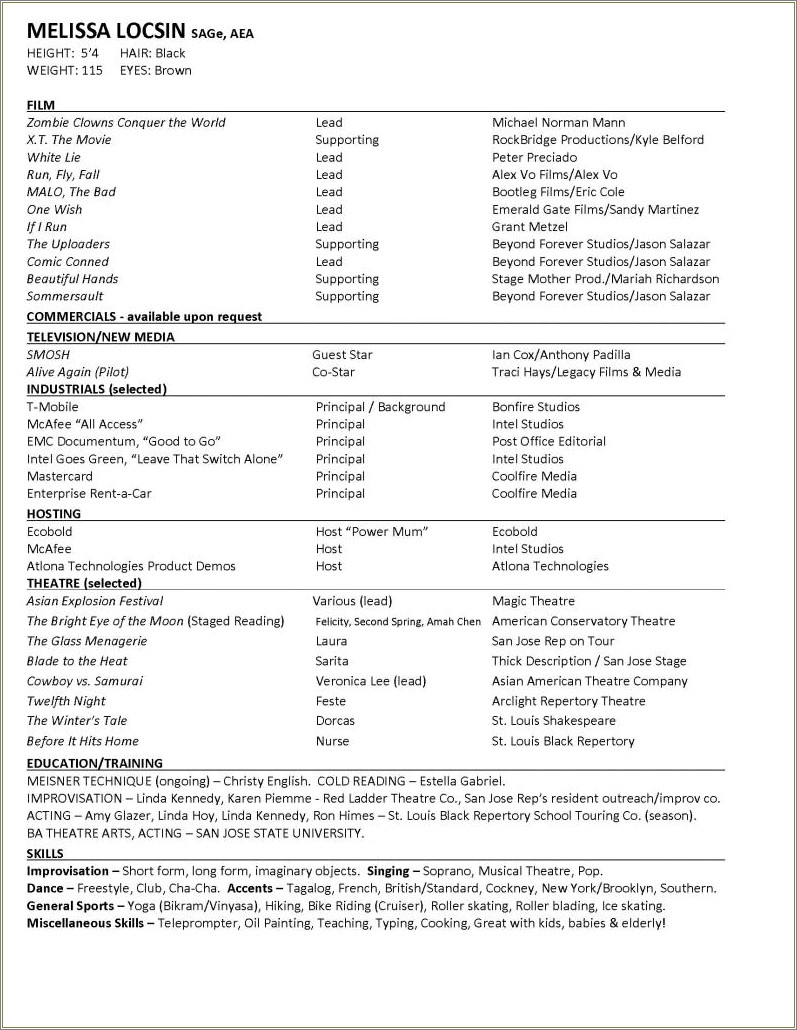 List Of Special Skills For Actor Resume