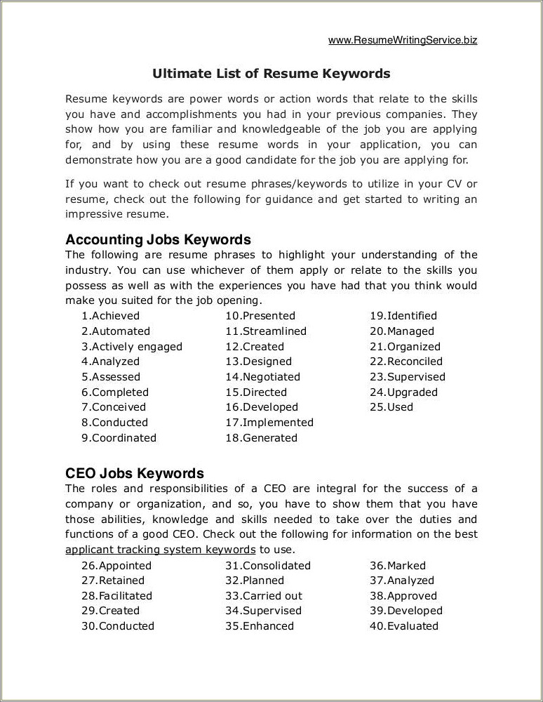List Of Words Used In Resume