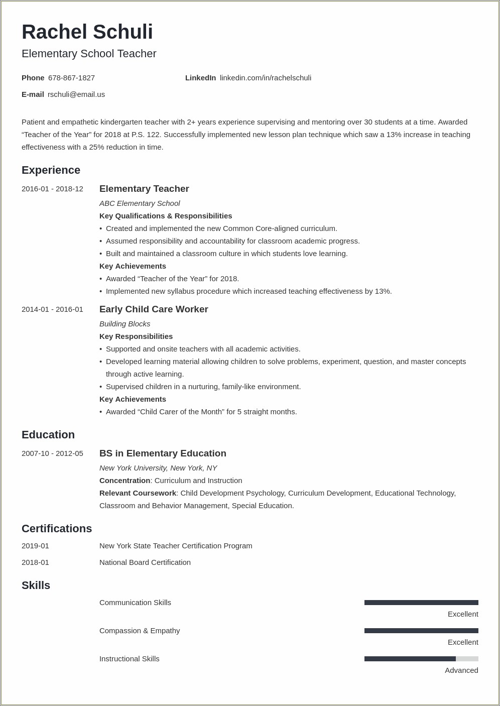 List Skills And Responsibilities Of Elementary Education Resume