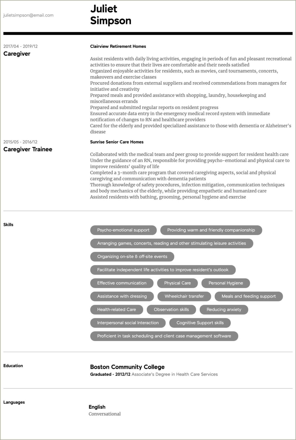 Listing Elder Care For Parent On Resume Example